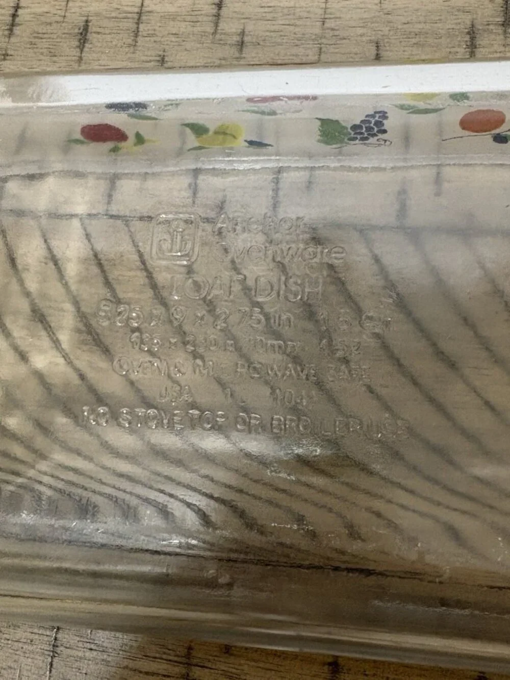 Vintage Anchor Ovenware Loaf Dish Clear Glass Lemons Grapes 1.5 qt. Replacement